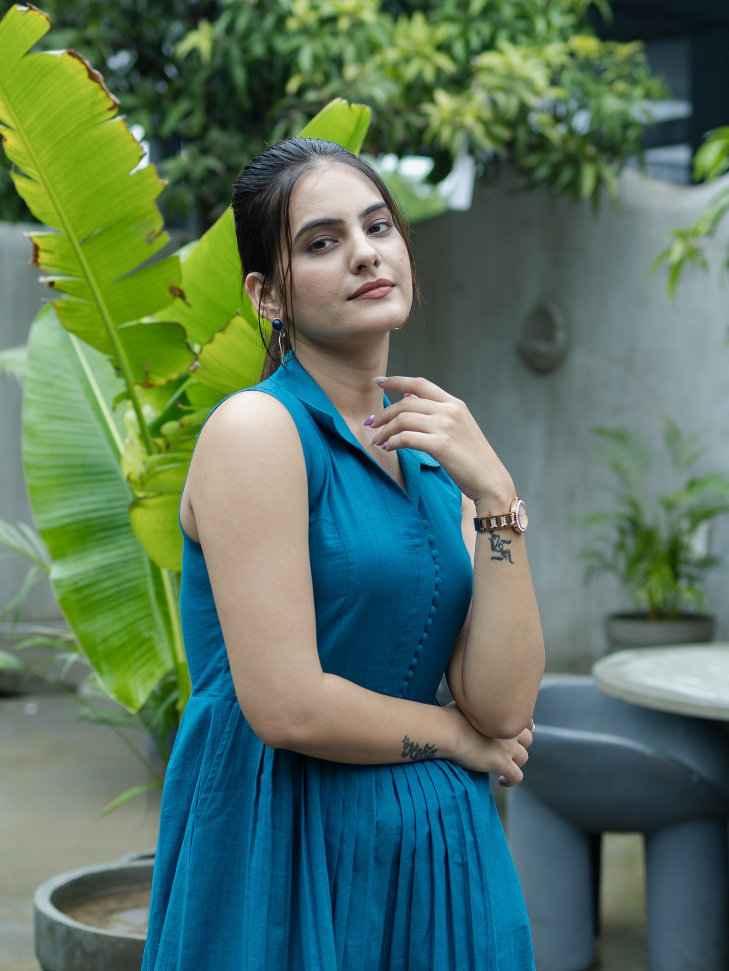 Sleeveless midi Dress-Teal