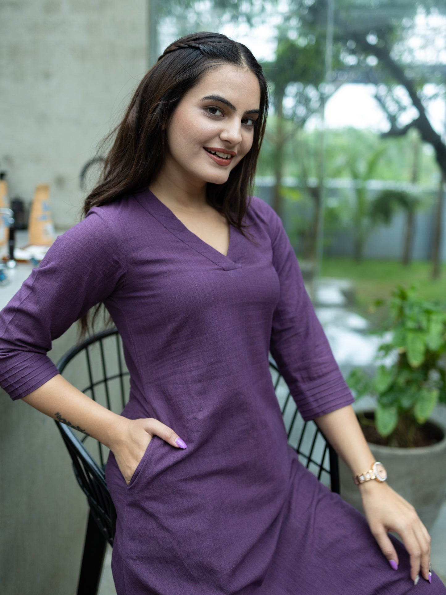 Handloom Aline Kurti Pant-Purple