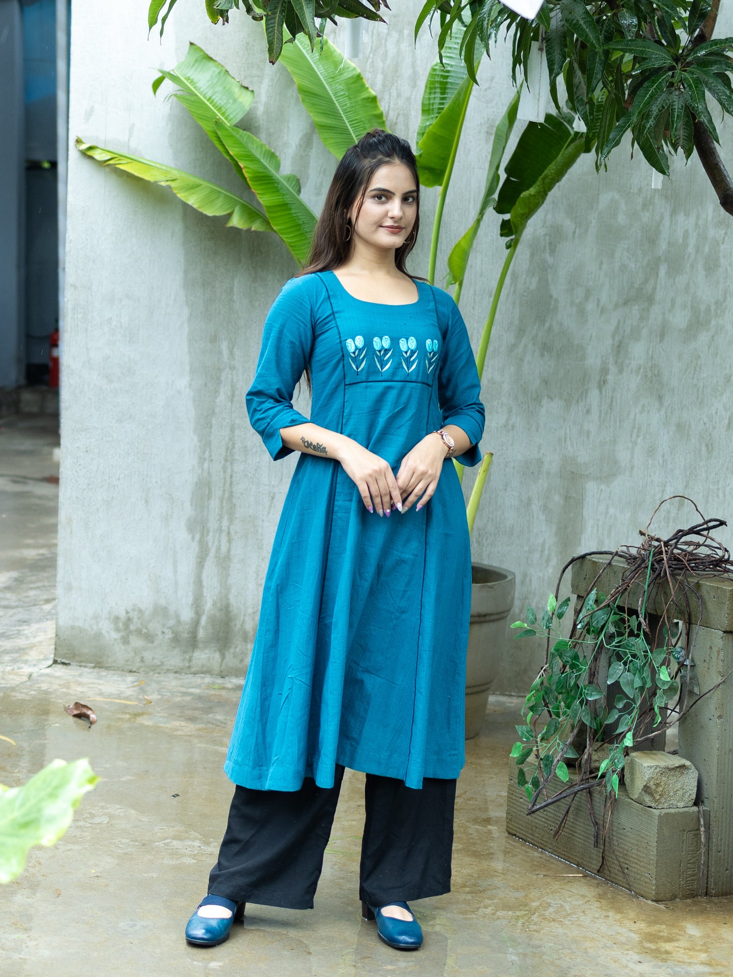 Aline kurti with Floral embroidery-Teal