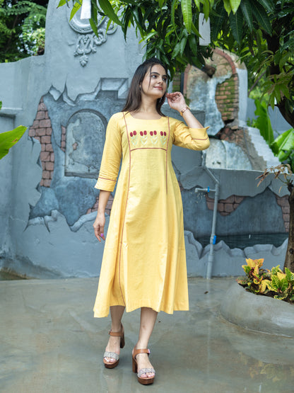 Aline kurti with Floral embroidery-Yellow