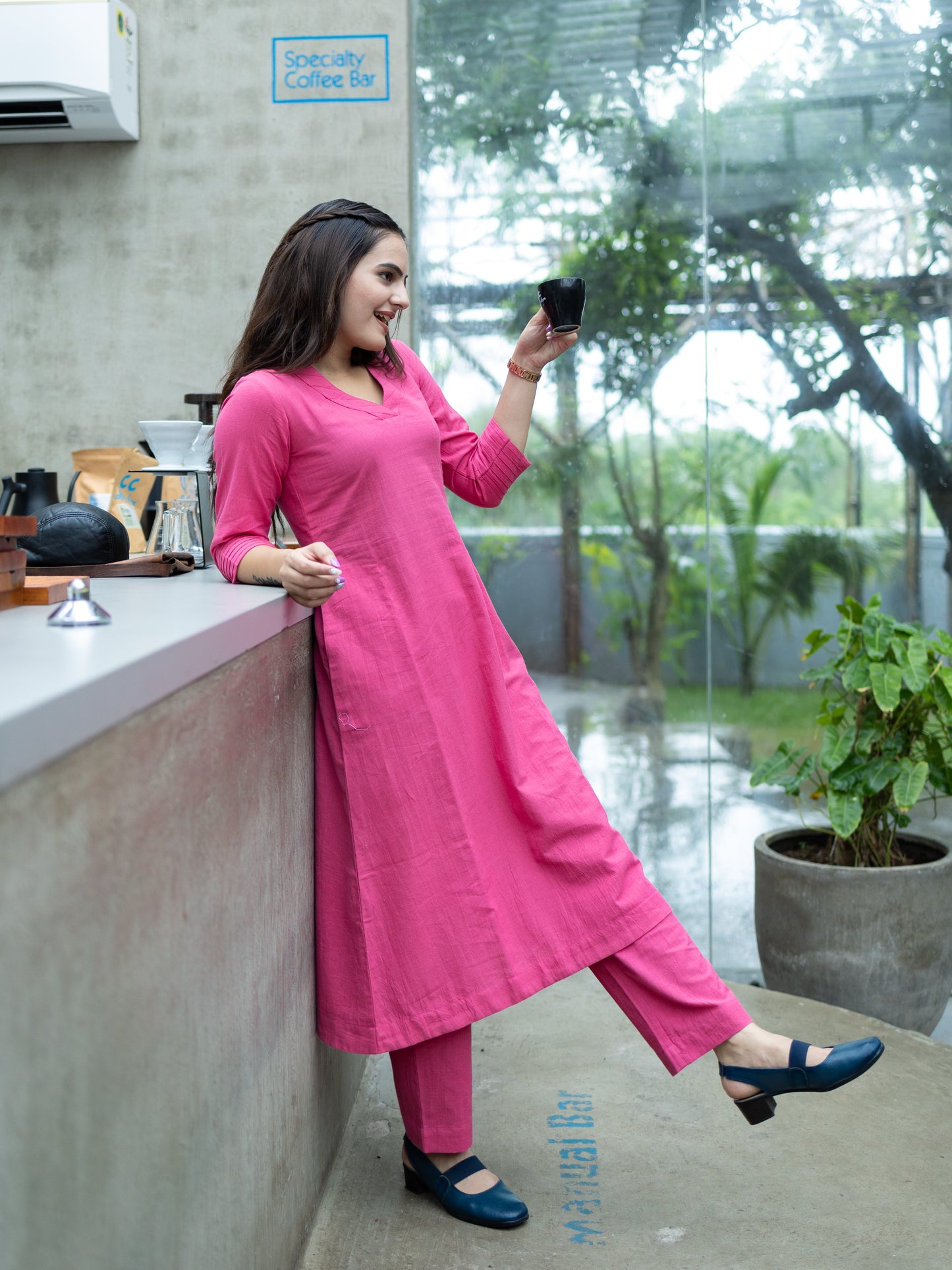 Handloom Aline Kurti Pant-Pink