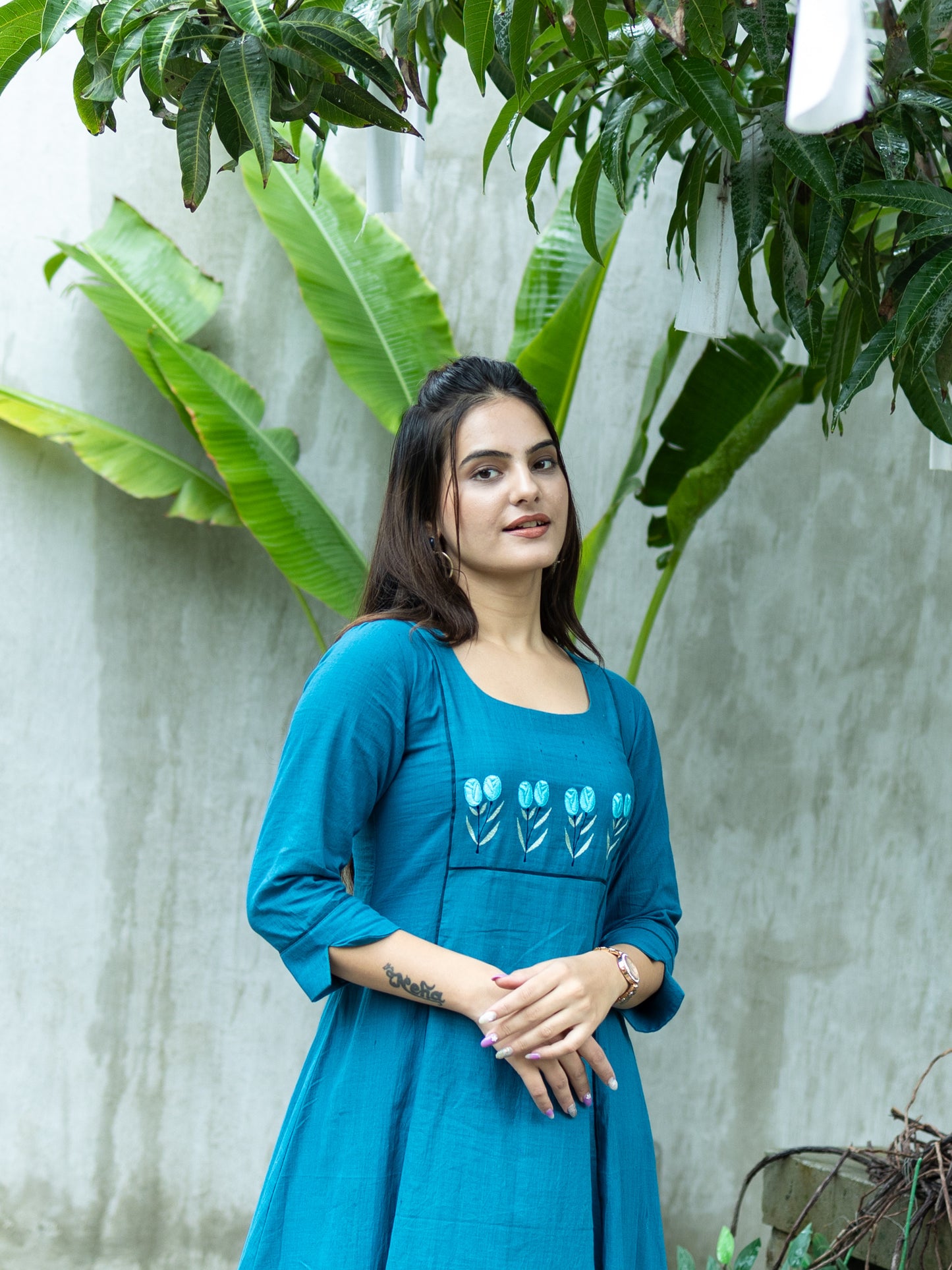 Aline kurti with Floral embroidery-Teal