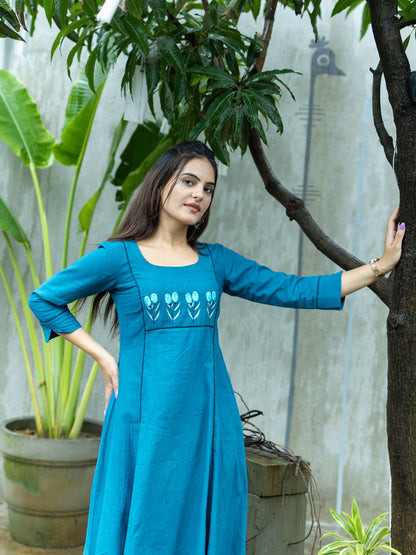 Aline kurti with Floral embroidery-Teal