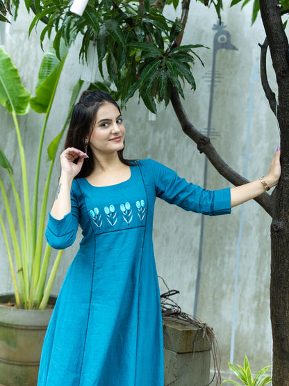 Aline kurti with Floral embroidery-Teal