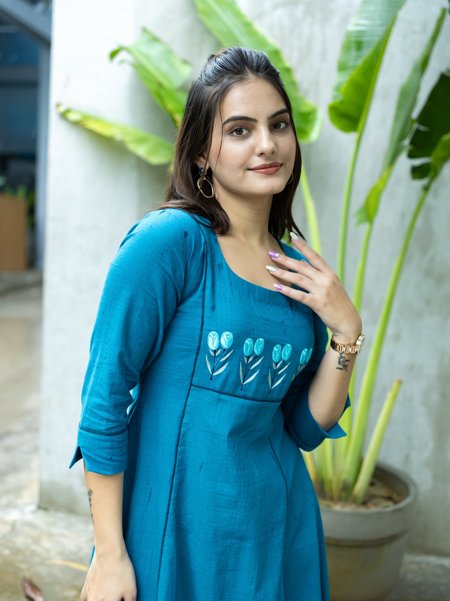 Aline kurti with Floral embroidery-Teal