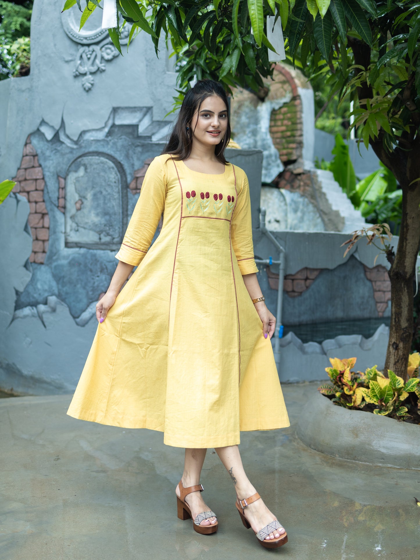 Aline kurti with Floral embroidery-Yellow