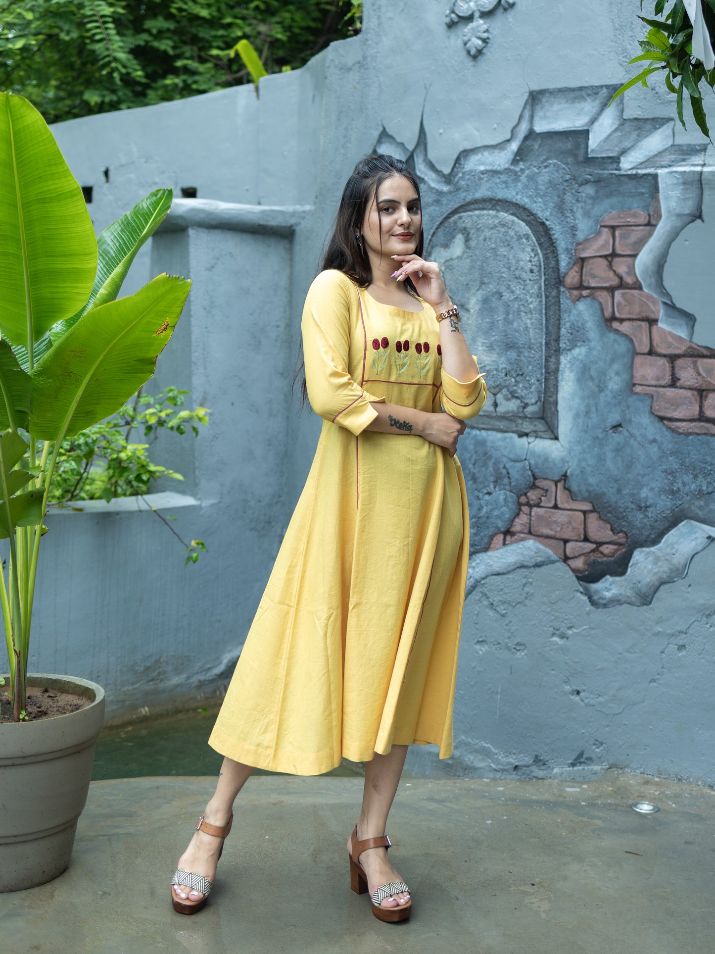 Aline kurti with Floral embroidery-Yellow