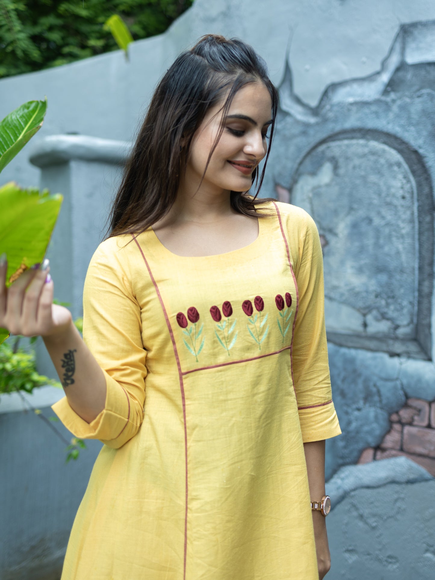 Aline kurti with Floral embroidery-Yellow