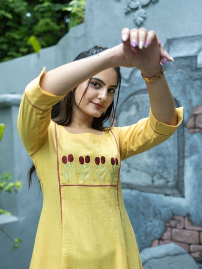 Aline kurti with Floral embroidery-Yellow