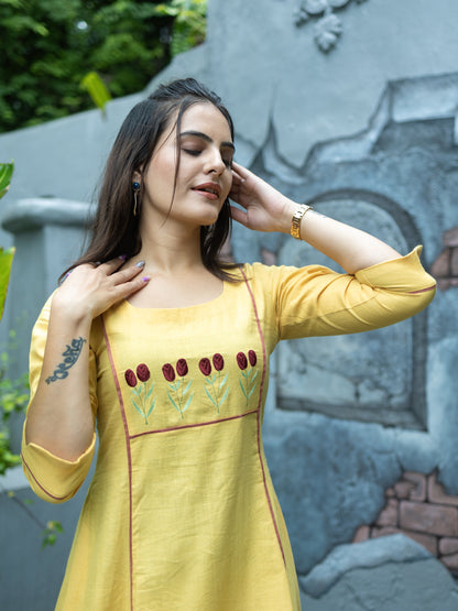 Aline kurti with Floral embroidery-Yellow