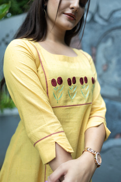 Aline kurti with Floral embroidery-Yellow