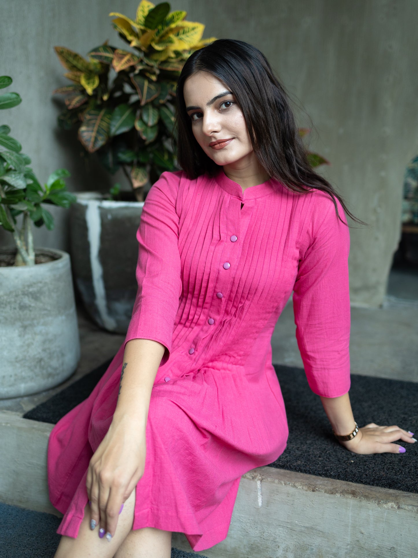 Handloom Pleated Tunic-Pink